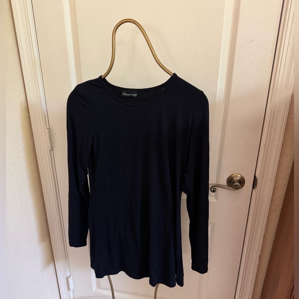 Conspiracy Navy Long Sleeve Top with Thin Black Horizontal stripes